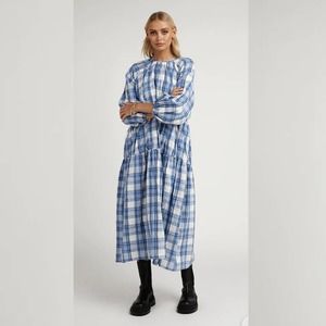 DISSH Ayden Blue Plaid Linen Tier Dress Size 8